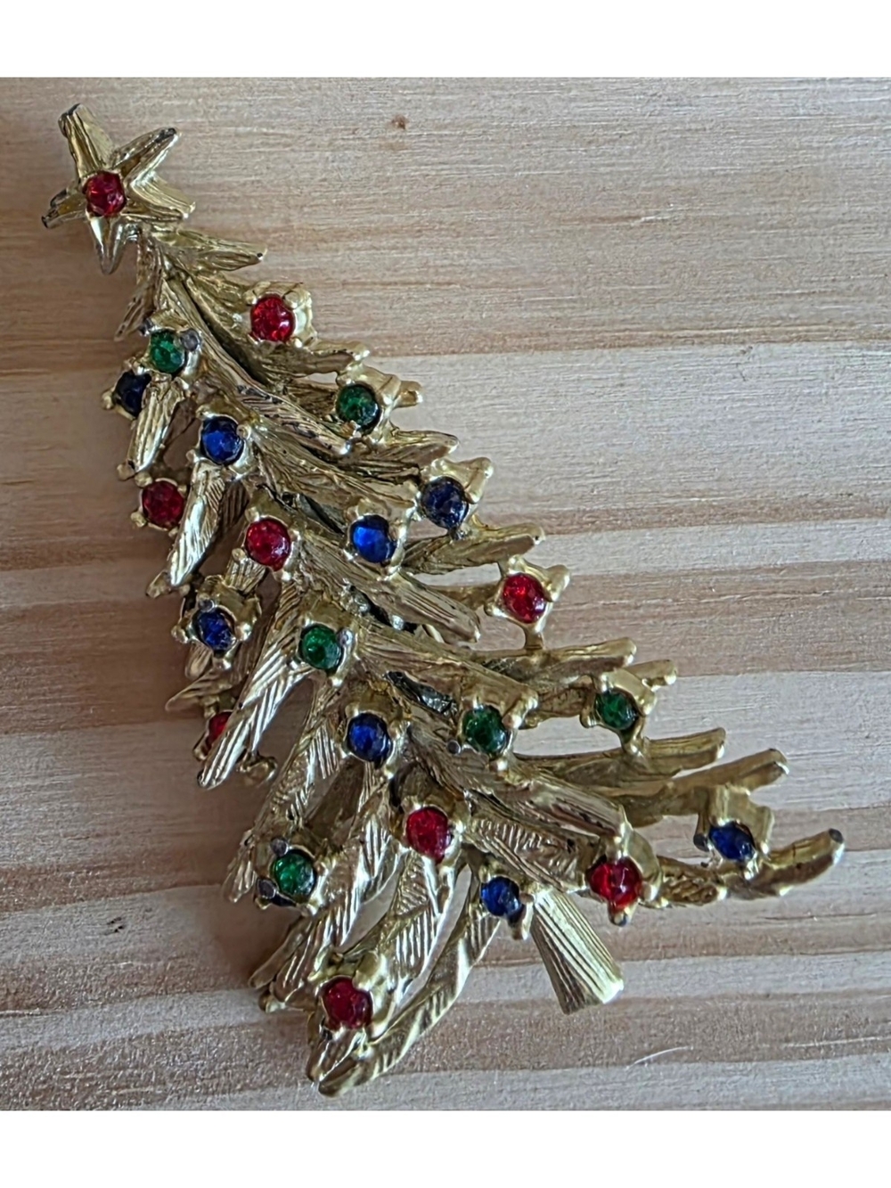 Vintage Gold-Tone Christmas Tree Brooch with Red, Green & Blue Stones